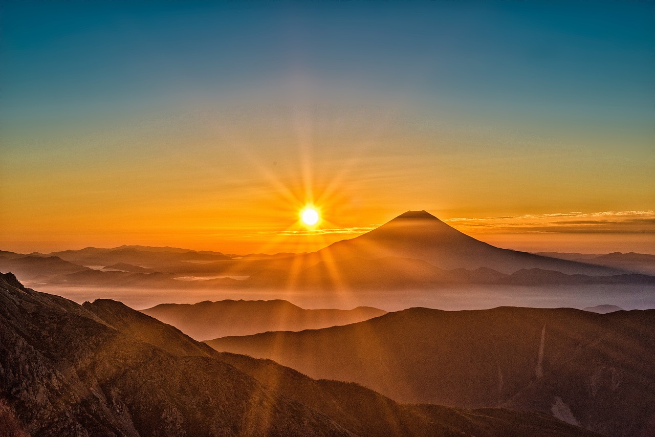 mount fuji, japan, volcano, mountain, mountains, mystery, sunrise, nature, sunlight, landscape, natural
